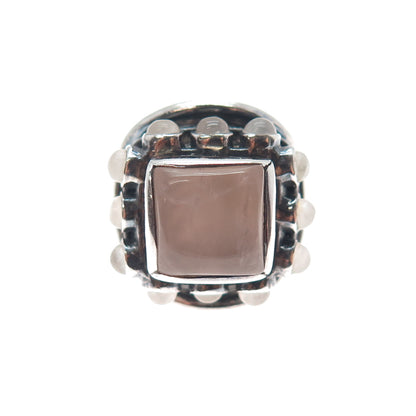 925 Sterling Silver Vintage Real Rose Quartz Modernist Oxidized Ring Size 5.75