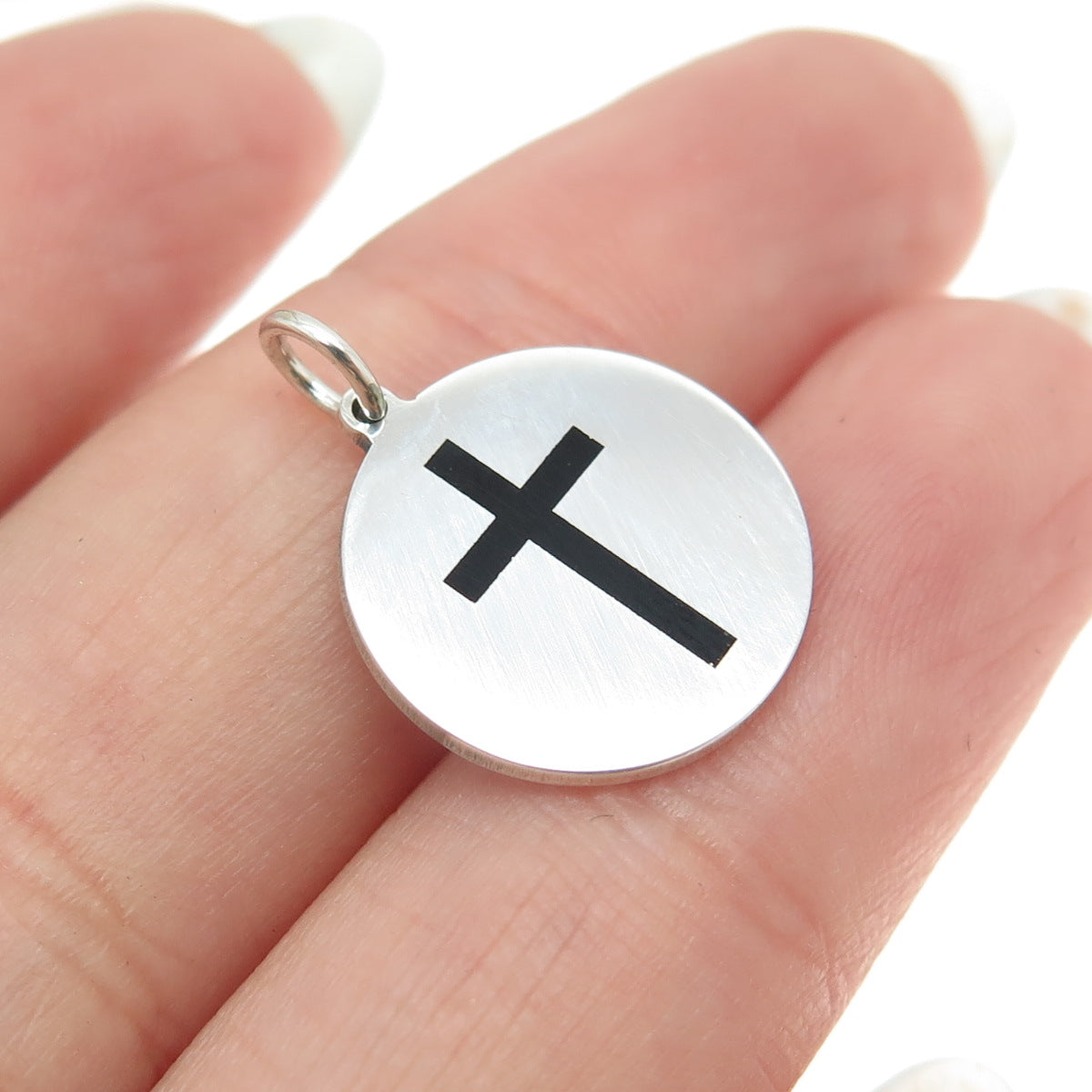 925 Sterling Silver Black Enamel Cross Round Tag Minimalist Charm Pendant