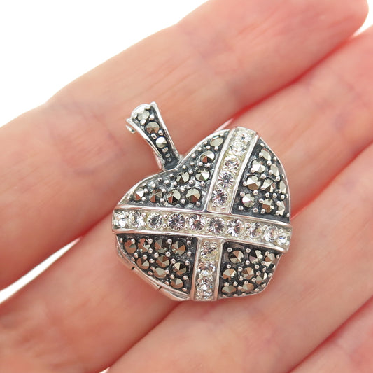 925 Sterling Silver Vintage Real Marcasite Rhinestone Heart Locket Charm Pendant