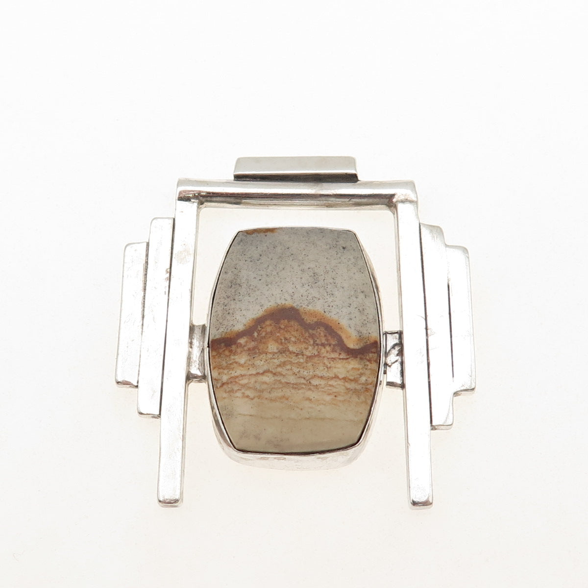 925 Sterling Silver Vintage Real Picture Jasper Modernist Slide Pendant