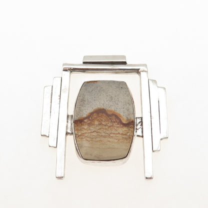 925 Sterling Silver Vintage Real Picture Jasper Modernist Slide Pendant