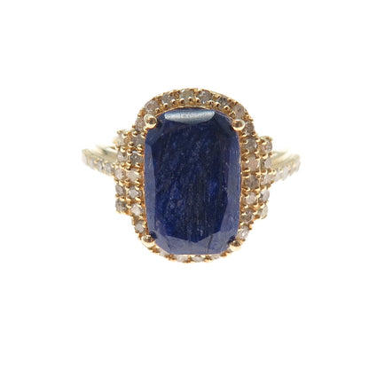 DSMK 925 Sterling Silver Gold Plated Real Diamond & Sapphire Ring Size 7.25