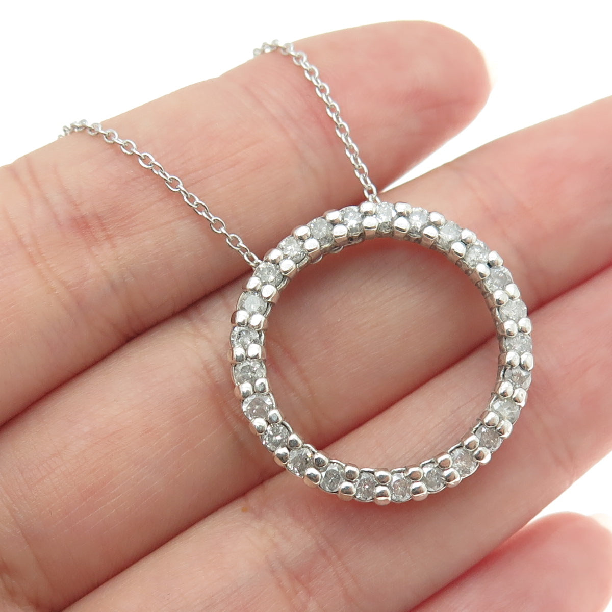 925 Sterling Silver Real Round-Cut Diamond Circle of Life Chain Necklace 18"