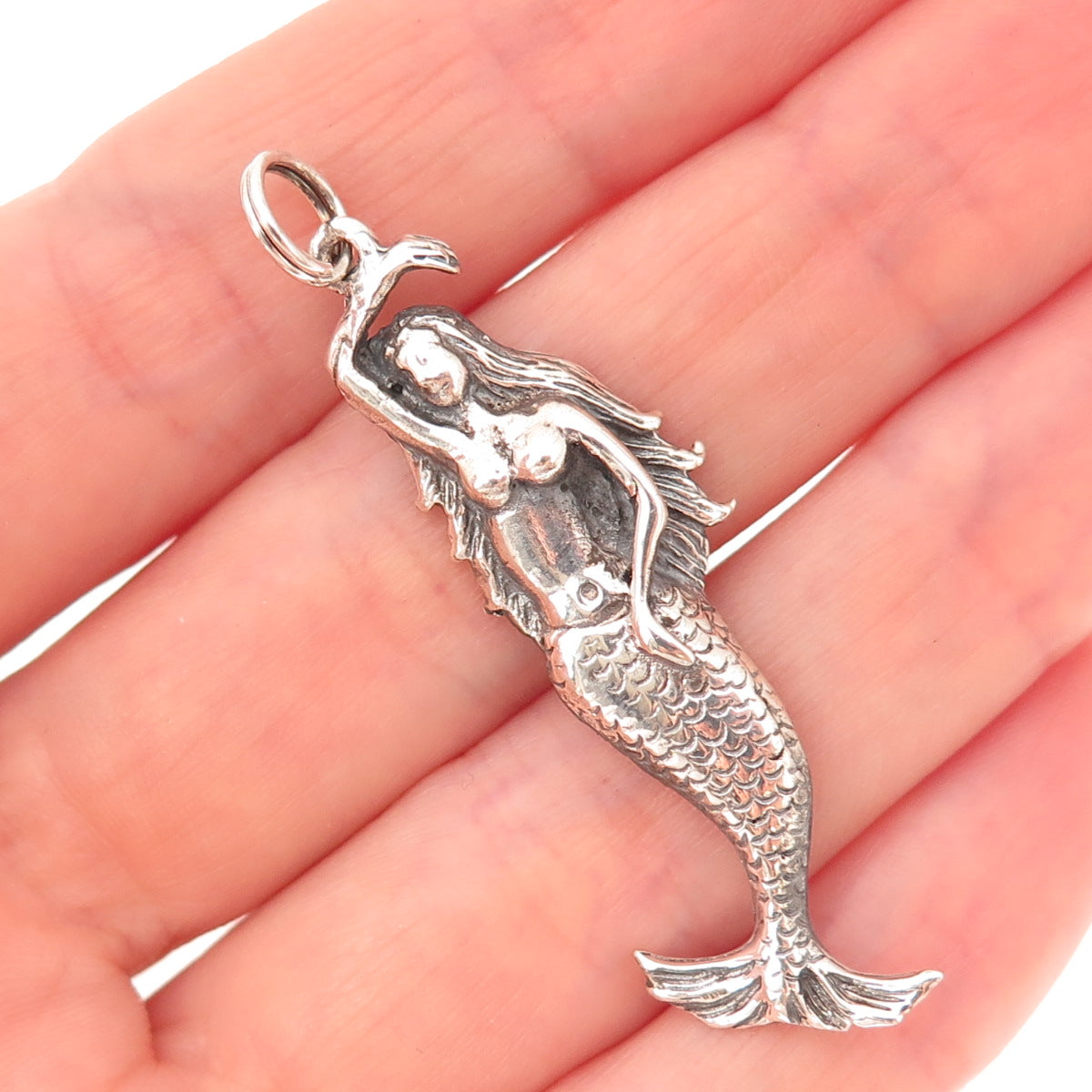925 Sterling Silver Vintage Mermaid Oxidized Charm Pendant