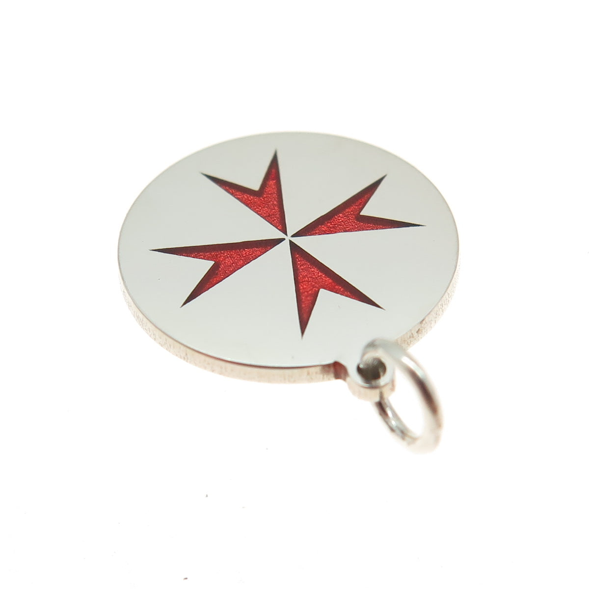 925 Sterling Silver Red Enamel Maltese Cross Round Tag Minimalist Charm Pendant