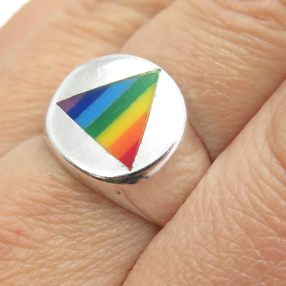 925 Sterling Silver Vintage Rainbow Enamel "Happy Pride" Signet Ring Size 8