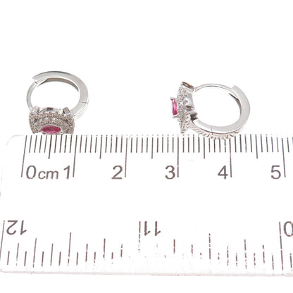 925 Sterling Silver Pink & White C Z Hoop Earrings