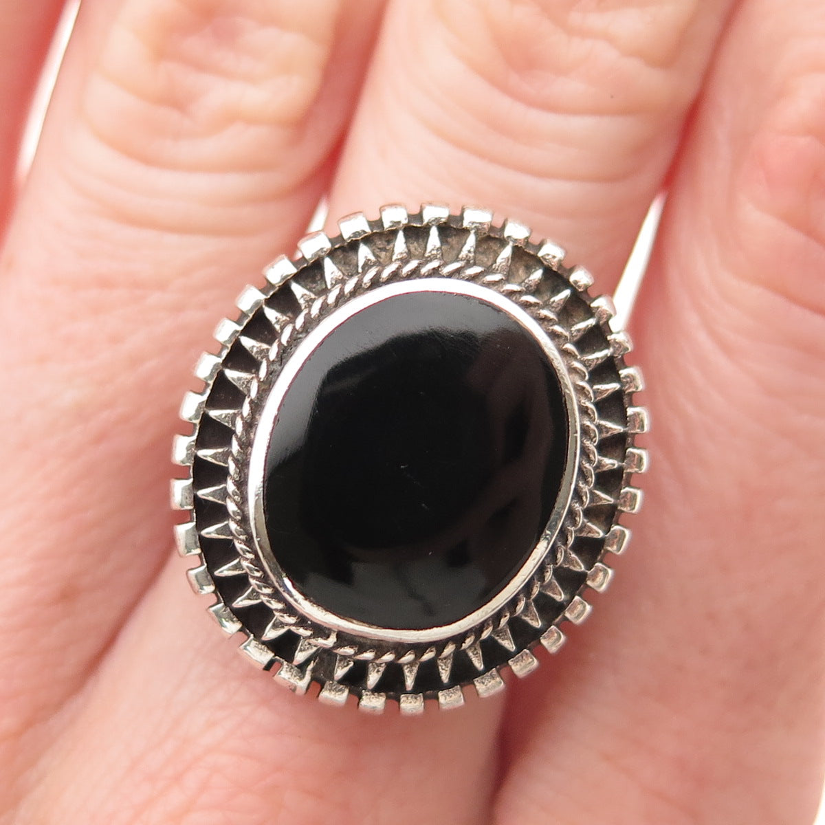 925 Sterling Silver Vintage Real Black Onyx Modernist Oxidized Ring Size 8.75