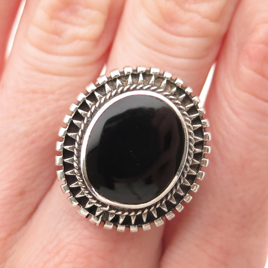 925 Sterling Silver Vintage Real Black Onyx Modernist Oxidized Ring Size 8.75