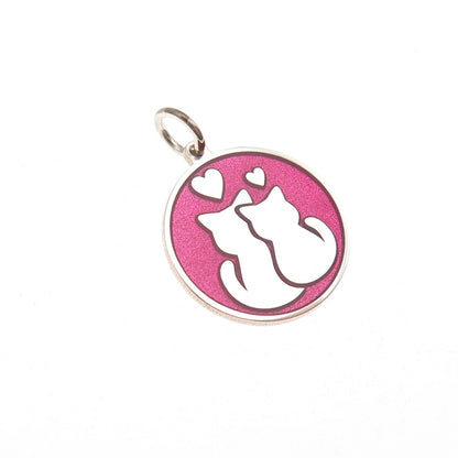 925 Sterling Silver Pink Enamel Cat Couple Round Tag Mini Charm Pendant
