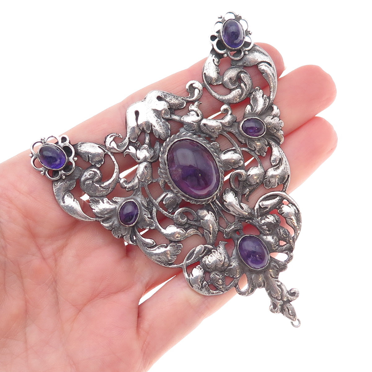 925 Sterling Silver Antique Art Deco Real Amethyst Floral Centerpiece Pendant