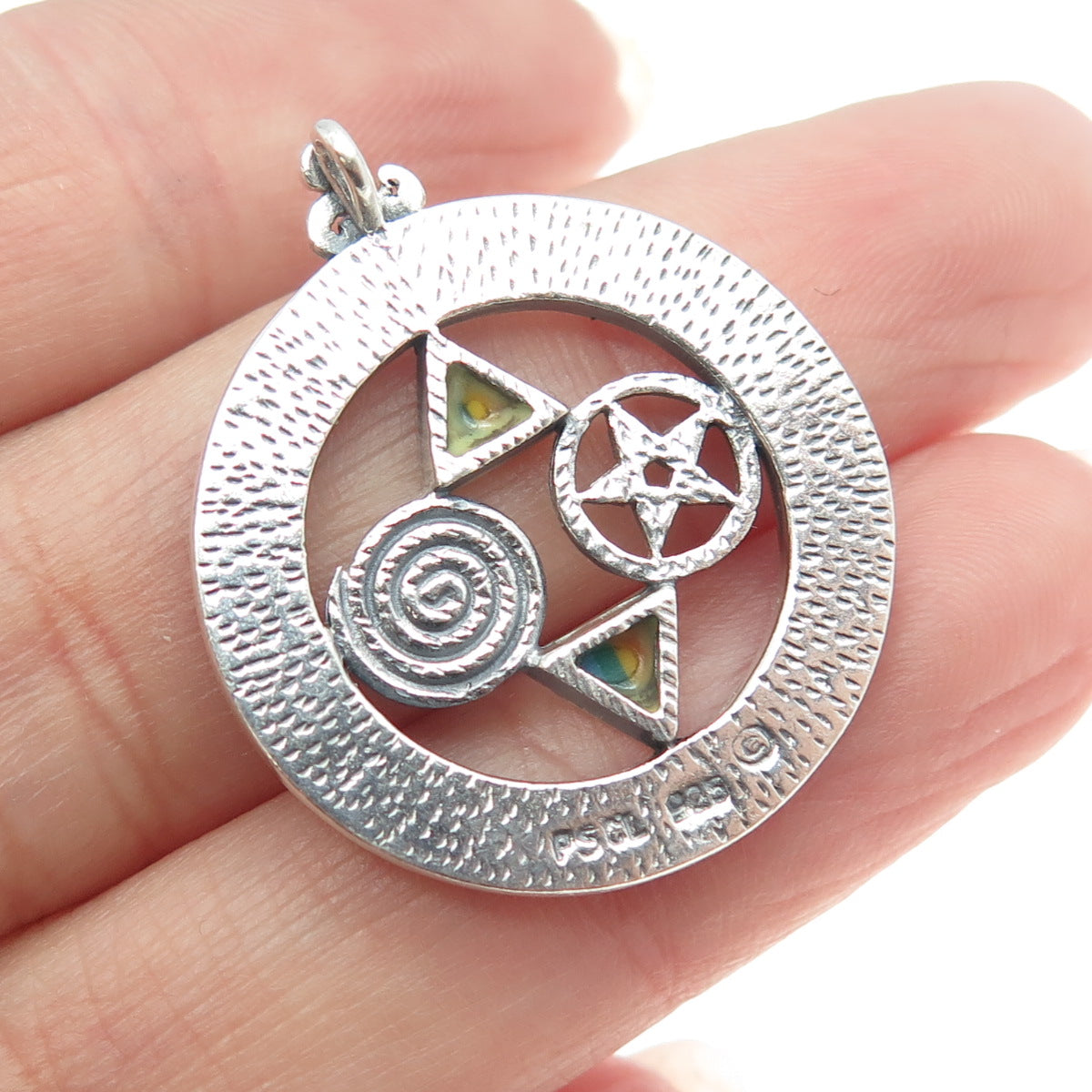 PETER STONE 925 Sterling Silver Vintage Enamel Pentagram Symbols Rainbow Pendant