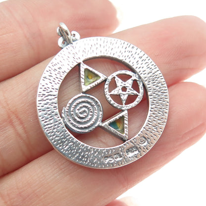 PETER STONE 925 Sterling Silver Vintage Enamel Pentagram Symbols Rainbow Pendant