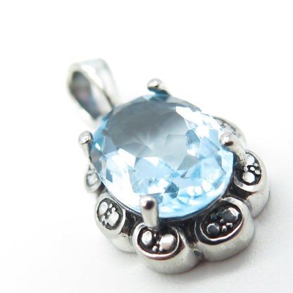 925 Sterling Silver Vintage Real White Diamond Accent & Blue Topaz Gem Pendant