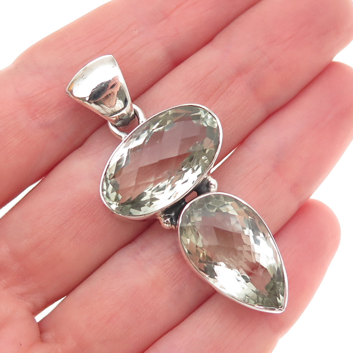 925 Sterling Silver Vintage Real Green Amethyst Modernist Pendant