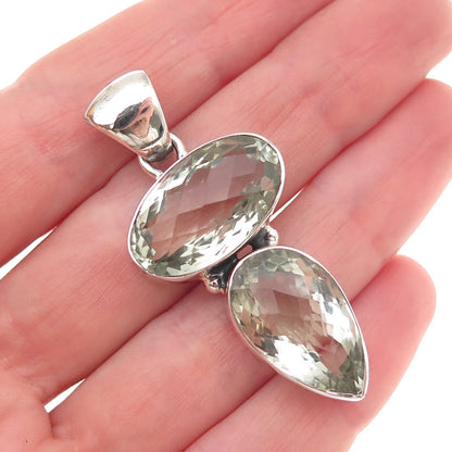 925 Sterling Silver Vintage Real Green Amethyst Modernist Pendant