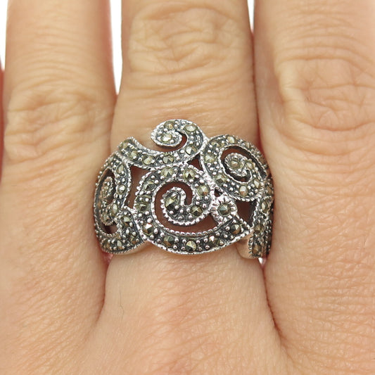 925 Sterling Silver Vintage Real Marcasite Art Deco Style Spiral Ring Size 7.5