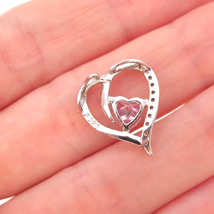 925 Sterling Silver Pink & White C Z Heart Slide Charm Pendant