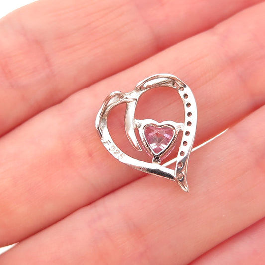 925 Sterling Silver Pink & White C Z Heart Slide Charm Pendant