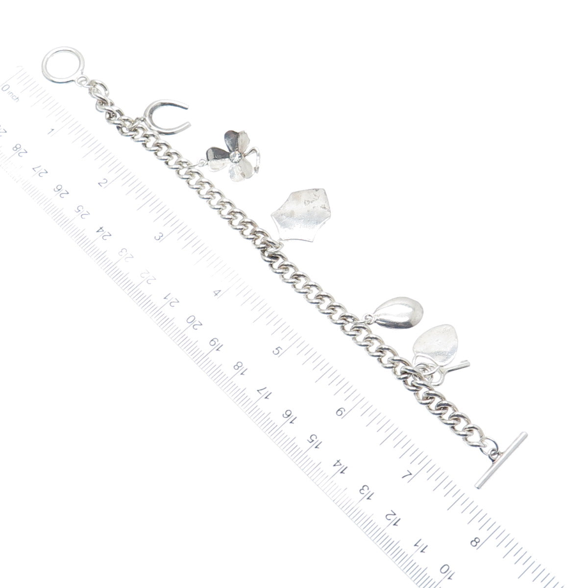 925 Sterling Vintage C Z Clover Horseshoe Heart Key Padlock Shield Bracelet 7"