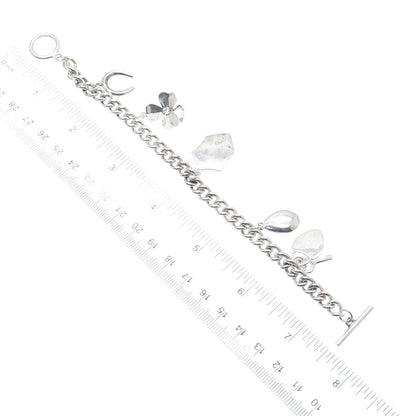 925 Sterling Vintage C Z Clover Horseshoe Heart Key Padlock Shield Bracelet 7"