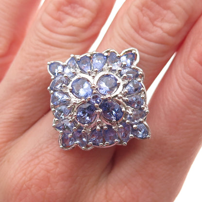 Chuck Clemency 925 Sterling Silver Real Tanzanite Floral Cluster Ring Size 8.25