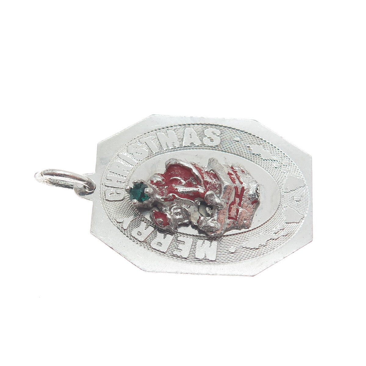 925 Sterling Silver Vintage Enamel & Rhinestone Merry Christmas Charm Pendant