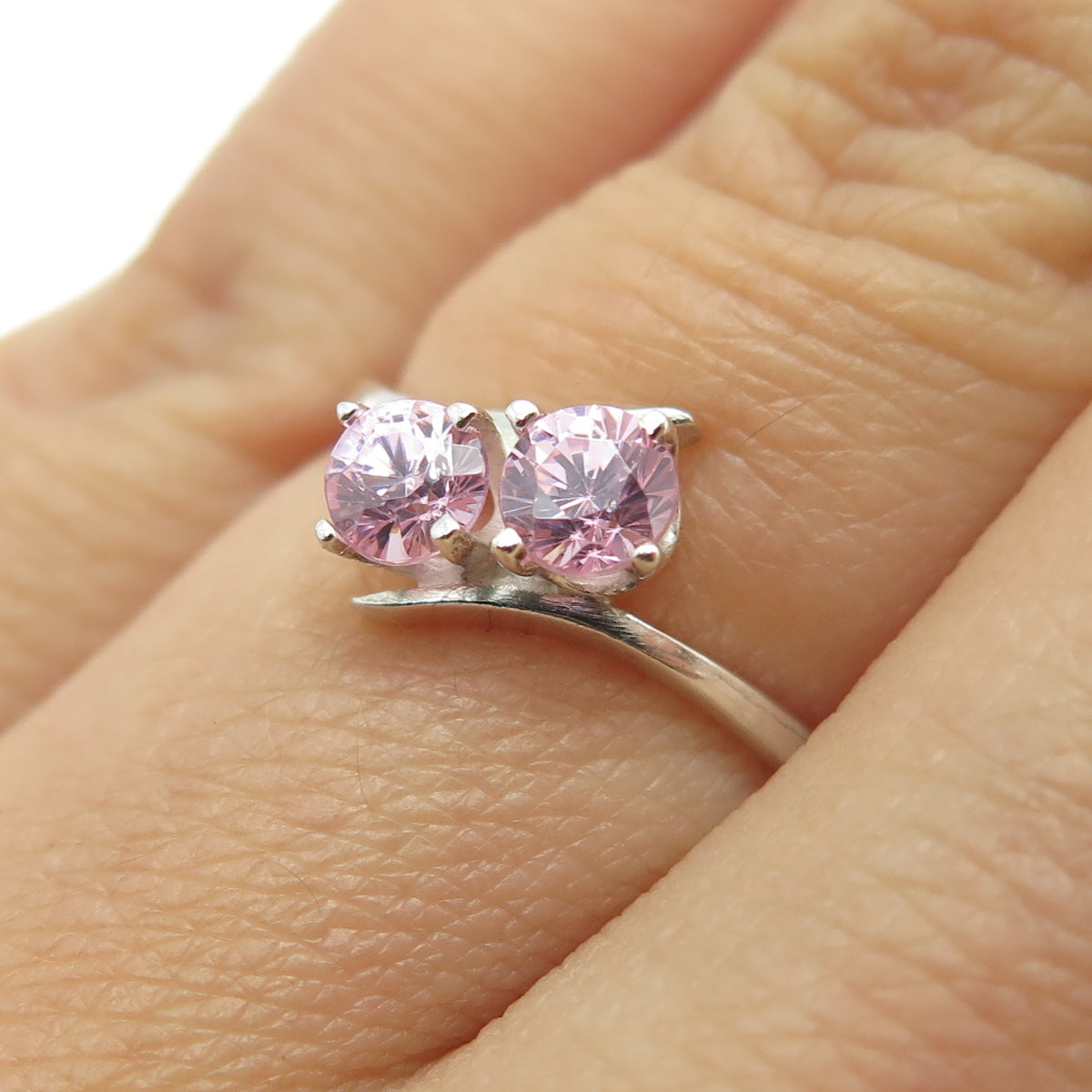 925 Sterling Silver Round-Cut Pink C Z Bypass Ring Size 6.25