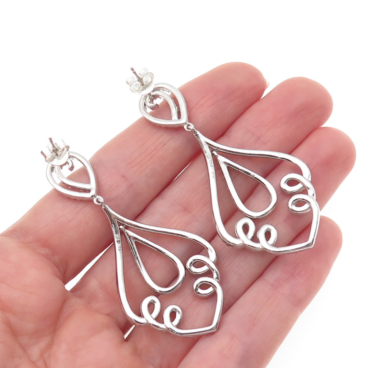 925 Sterling Silver Round-Cut C Z Ornate Dangle Earrings