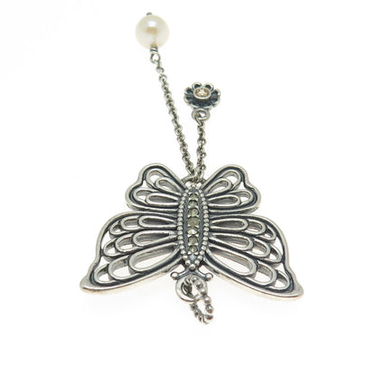 PANDORA 925 Sterling Silver Real Marcasite Pearl & C Z Butterfly Pendant