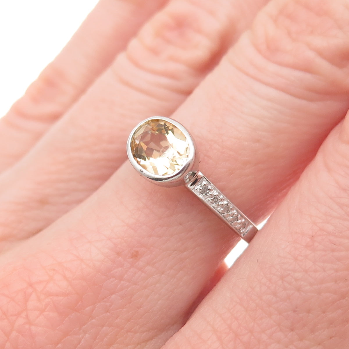 925 Sterling Silver Real Round-Cut Diamond & Oval-Cut Citrine Ring Size 7.25