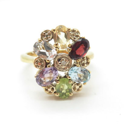925 Sterling Silver Gold Plated Real Diamond Accent Multi-Color Gem Ring Size 7