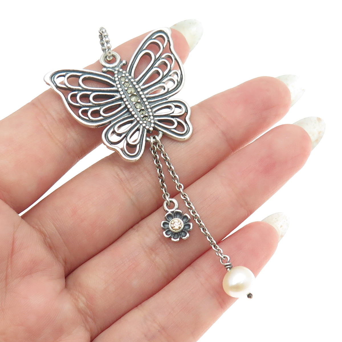 PANDORA 925 Sterling Silver Real Marcasite Pearl & C Z Butterfly Pendant