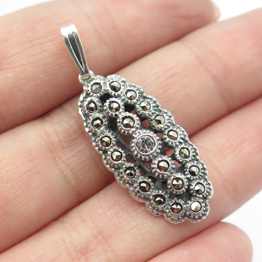 925 Sterling Silver Vintage Rhinestone & Marcasite Oval Pendant