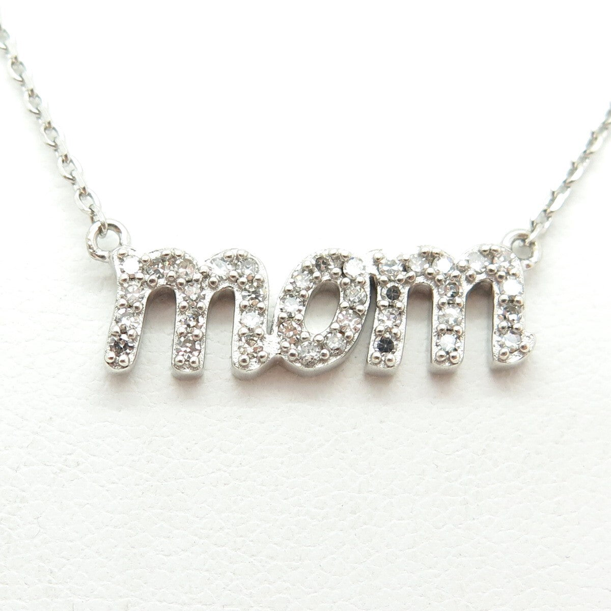 925 Sterling Silver Real Round-Cut Diamond "MOM" Cable Chain Necklace 18"