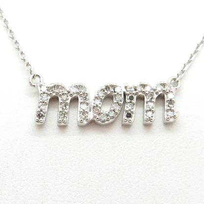 925 Sterling Silver Real Round-Cut Diamond "MOM" Cable Chain Necklace 18"