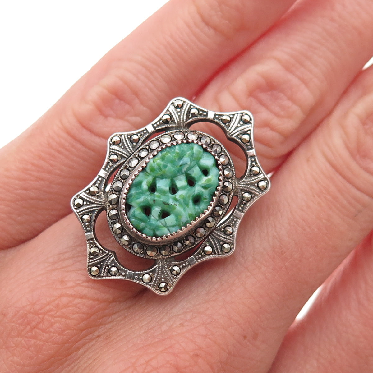 925 Sterling Silver Antique Art Deco Real Jade & Marcasite Oxidized Ring Size 6