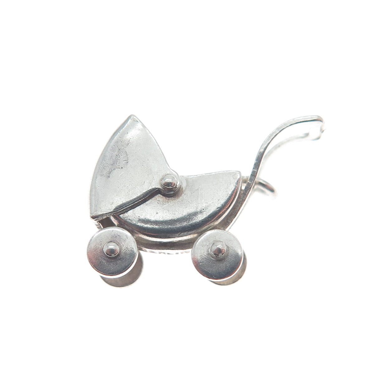 925 Sterling Silver Antique Art Deco Baby Stroller Minimalist 3D Charm Pendant