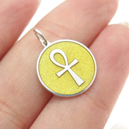 925 Sterling Silver Yellow Enamel Egyptian Ankh Round Minimalist Charm Pendant