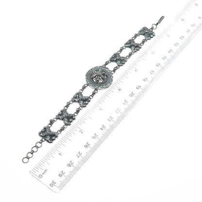 925 Sterling Silver Antique Art Deco Floral Link Oxidized Bracelet 7"