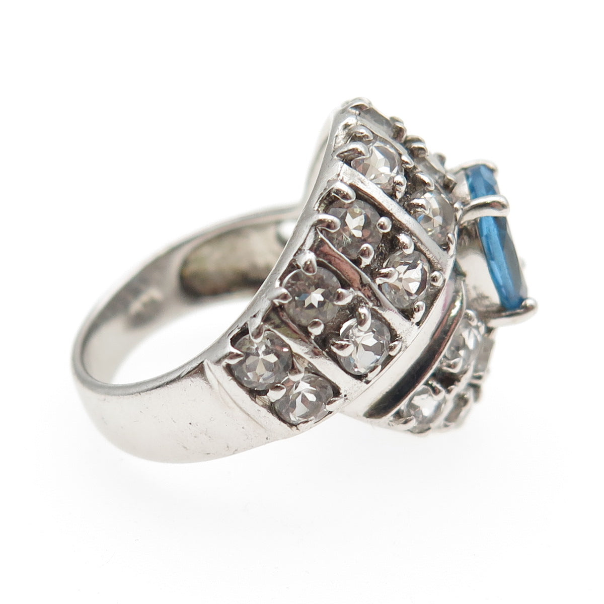 925 Sterling Silver Real Oval-Cut Blue & Round-Cut White Topaz Ring Size 8