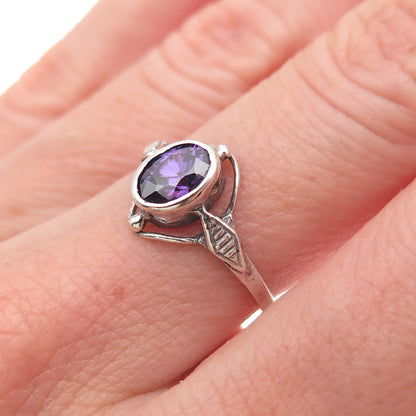 925 Sterling Silver Vintage Real Oval-Cut Amethyst Oxidized Ring Size 7