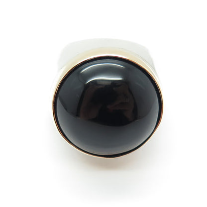 14K Yellow Gold 925 Sterling Silver Vintage Black Onyx Modernist Ring Size 7.25