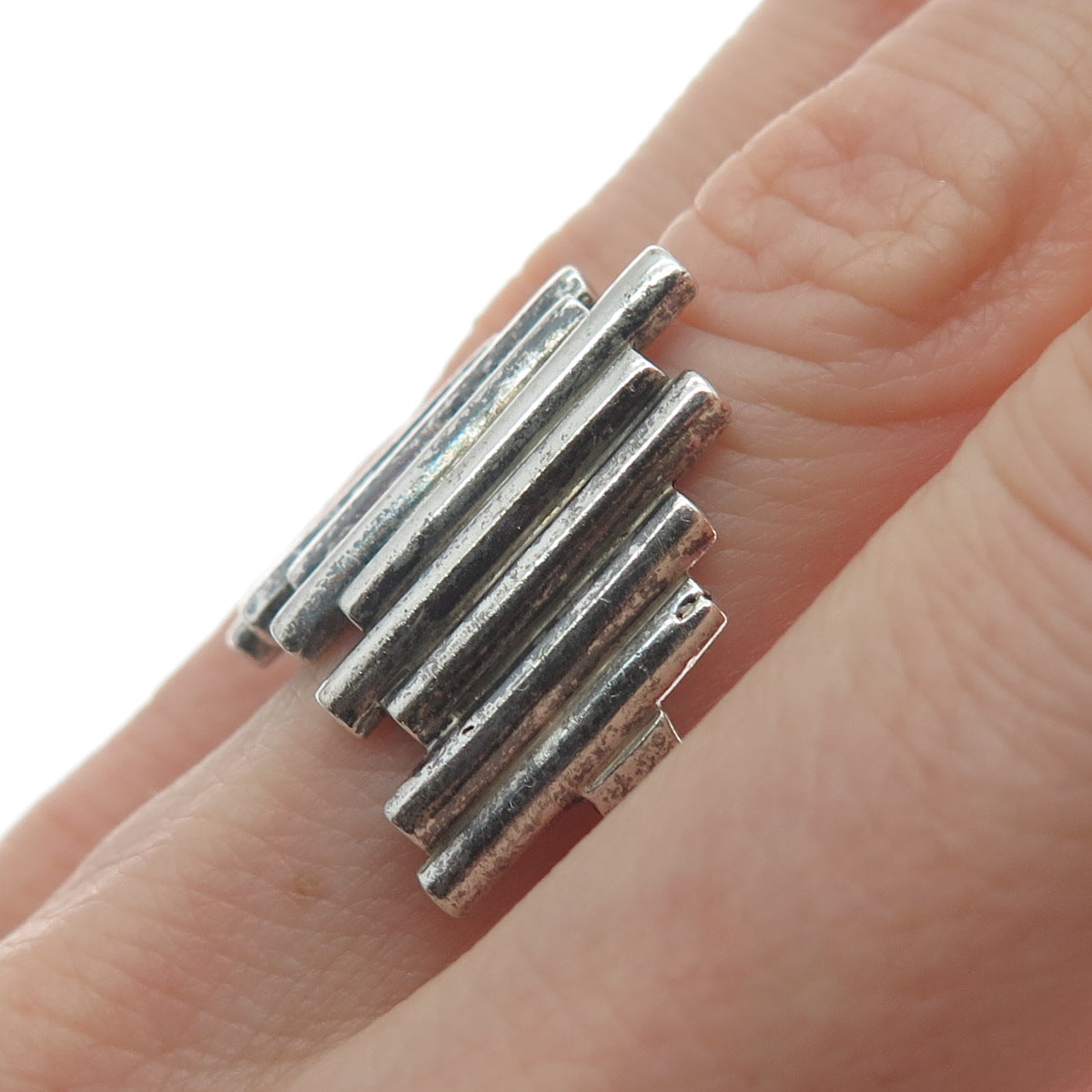 925 Sterling Silver Vintage Fence Modernist Oxidized Ring Size 8.25