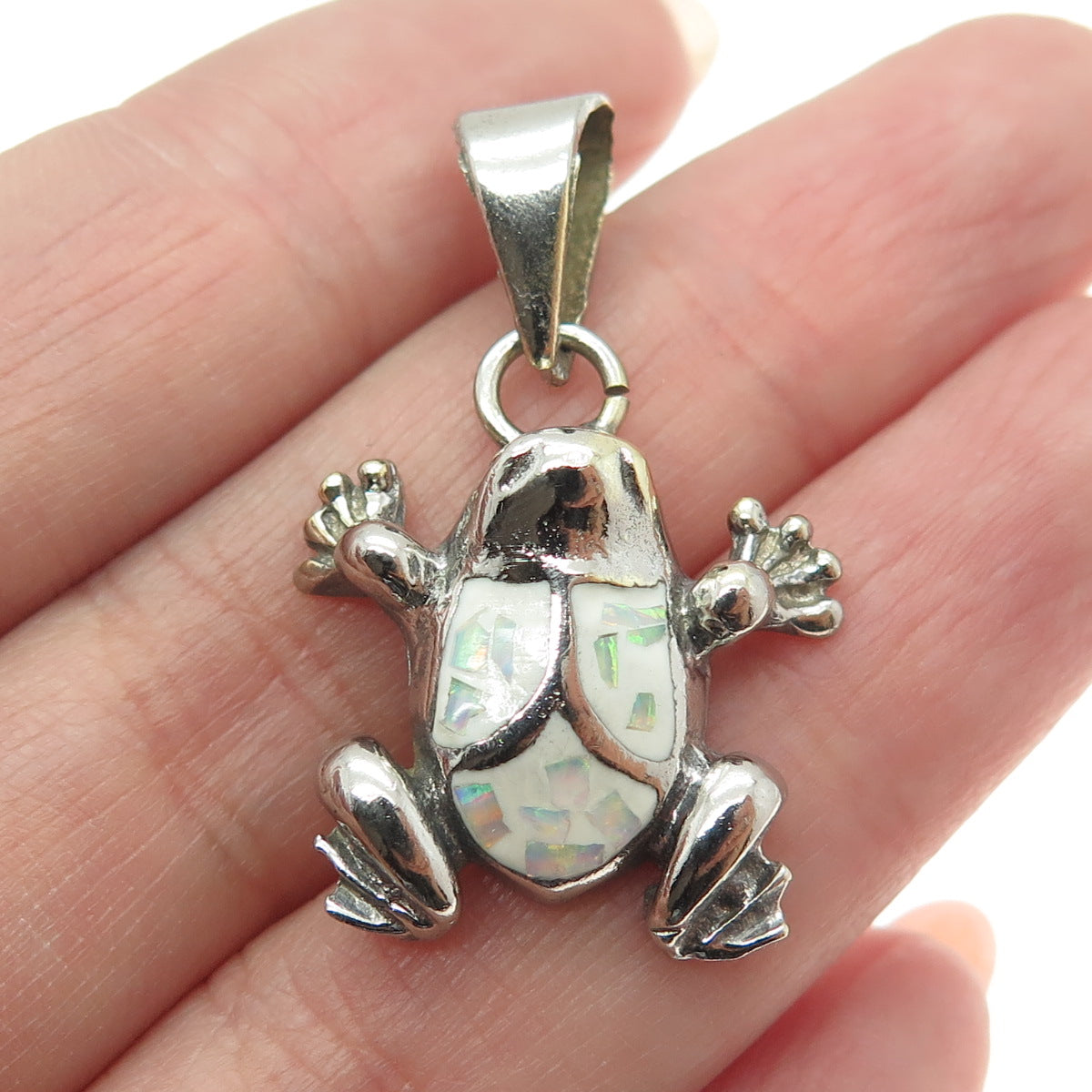 925 Sterling Silver Vintage Real Opal Inlay Frog For Good Luck Oxidized Pendant