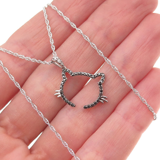 925 Sterling Silver Real Black White Diamond Cat Twisted Rope Chain Necklace 18"