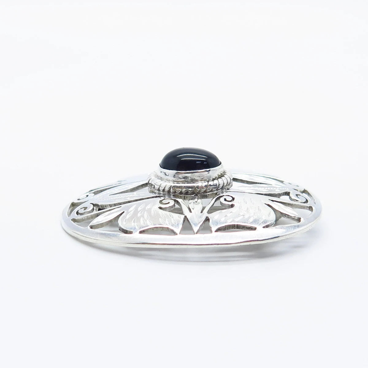 925 Sterling Silver Vintage Real Black Onyx Gemstone Ornate Leaf Pin Brooch