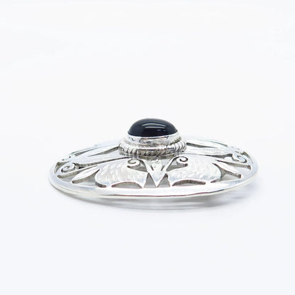 925 Sterling Silver Vintage Real Black Onyx Gemstone Ornate Leaf Pin Brooch