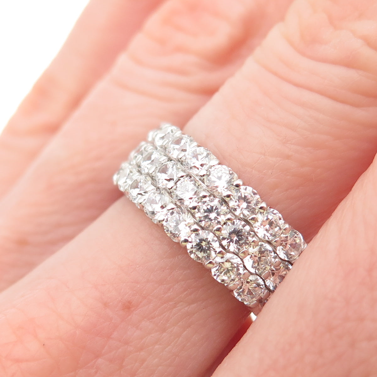 925 Sterling Silver Round-Cut C Z 3-Row Band Ring Size 7.25