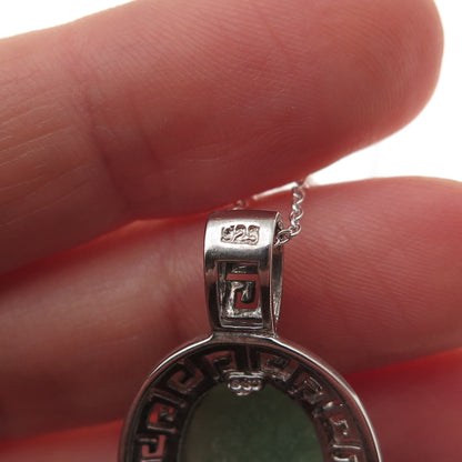925 Sterling Silver Real Cabochon Jade Greek Key Cable Chain Necklace 18"